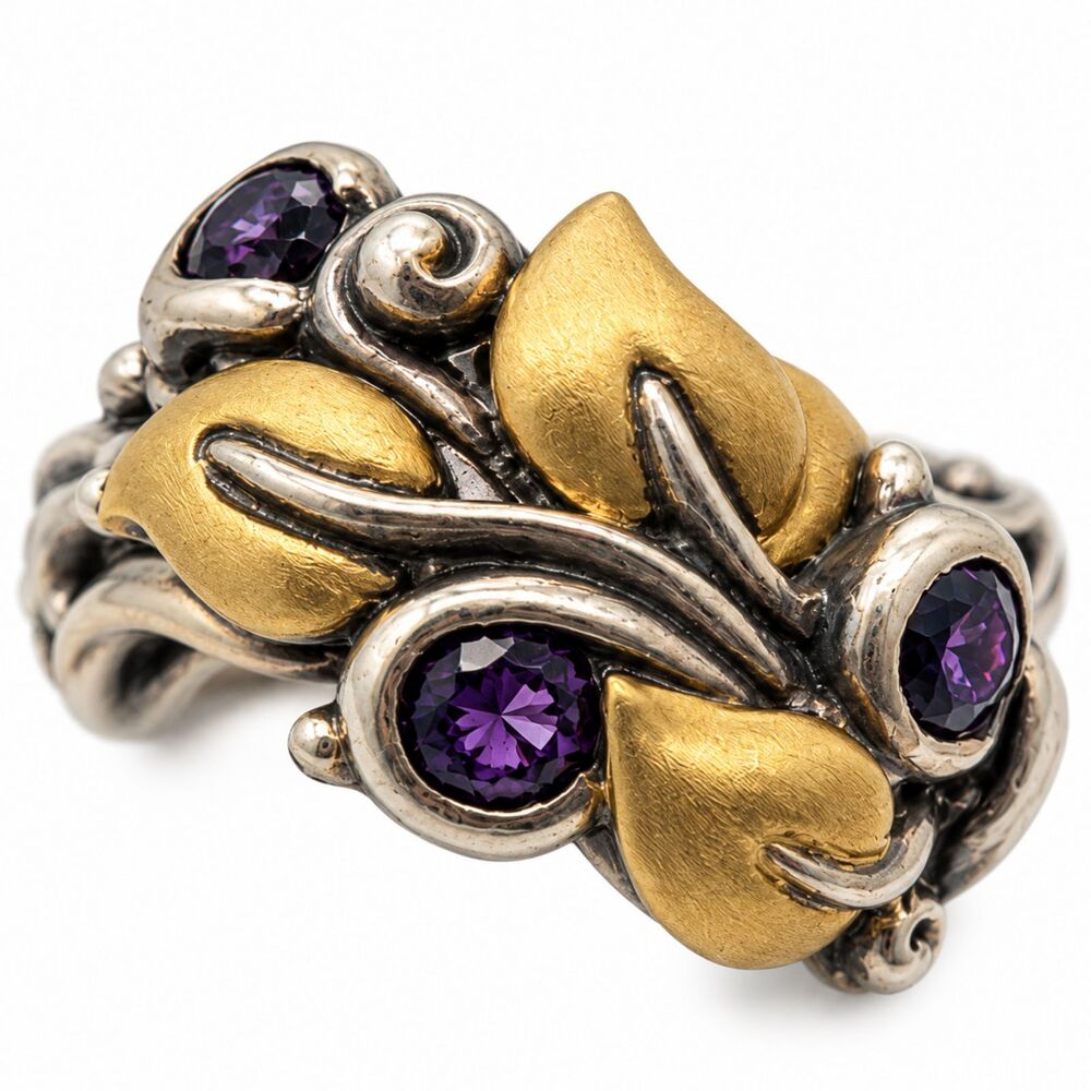 Bixby Sterling Silver 925 18K Gold Vermeil Flower Vine Ring Size 6.75